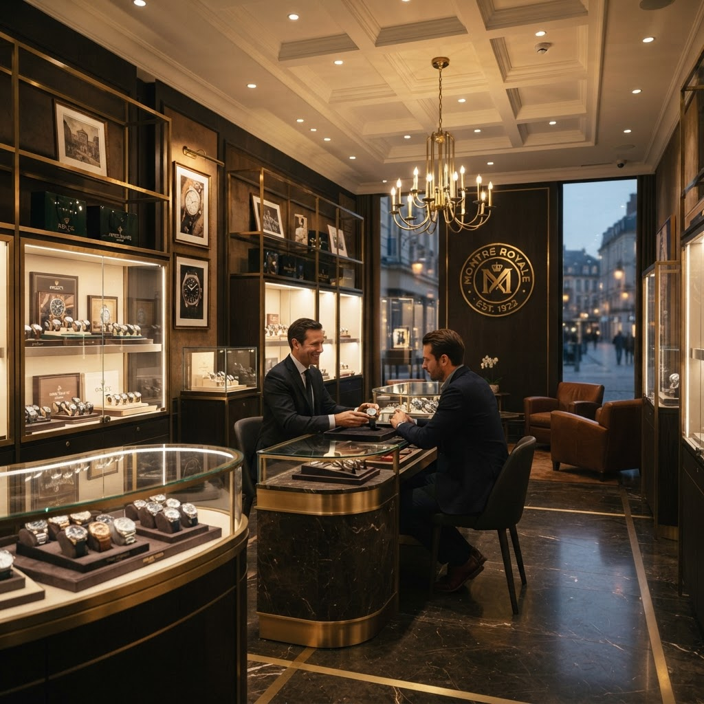 Elegant luxury watch boutique interior with warm golden display lighting