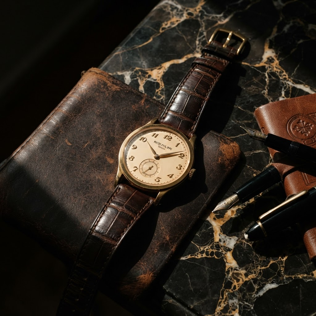Luxury watch resting on aged leather and dark marble in warm light