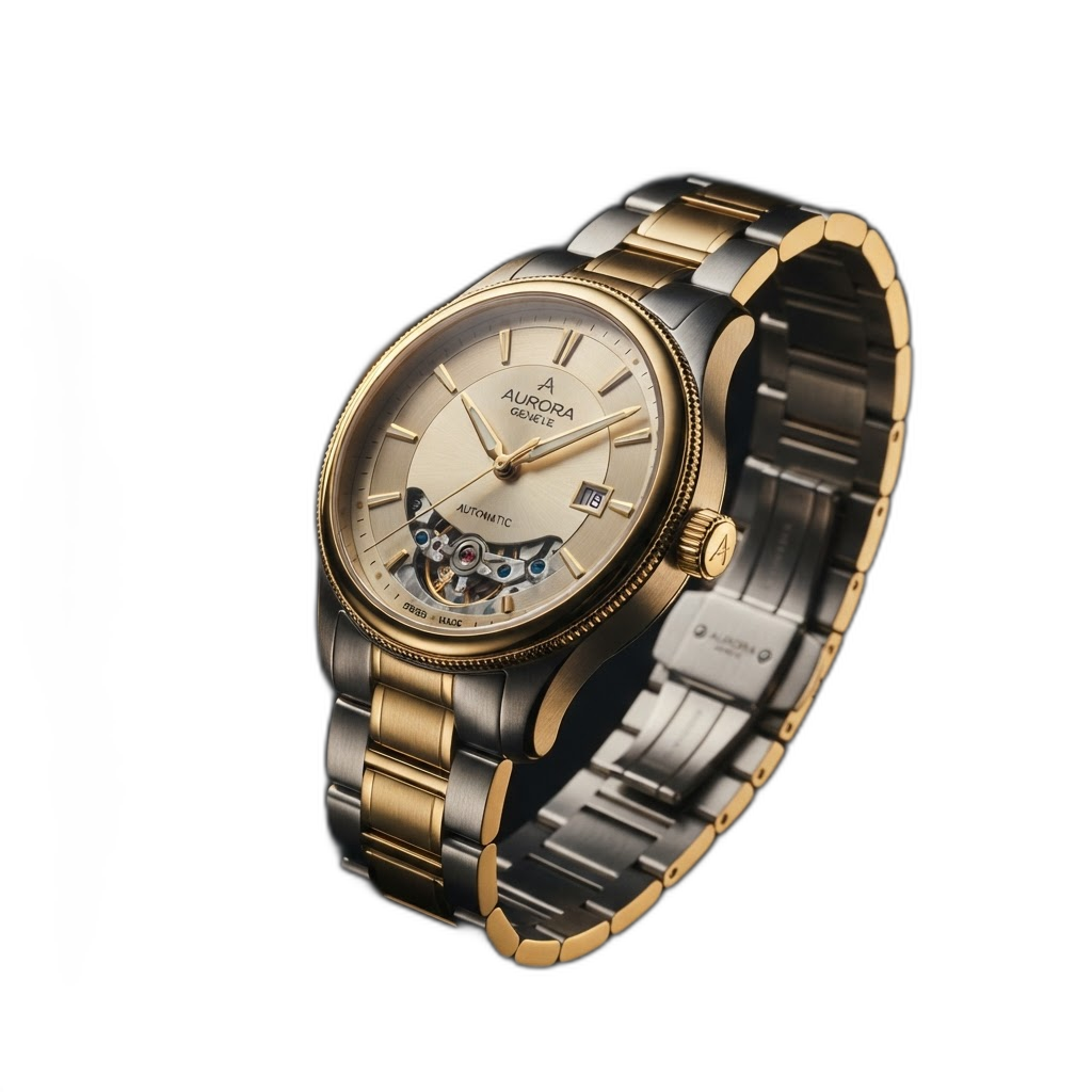 Luxury gold and steel automatic wristwatch on a deep charcoal background