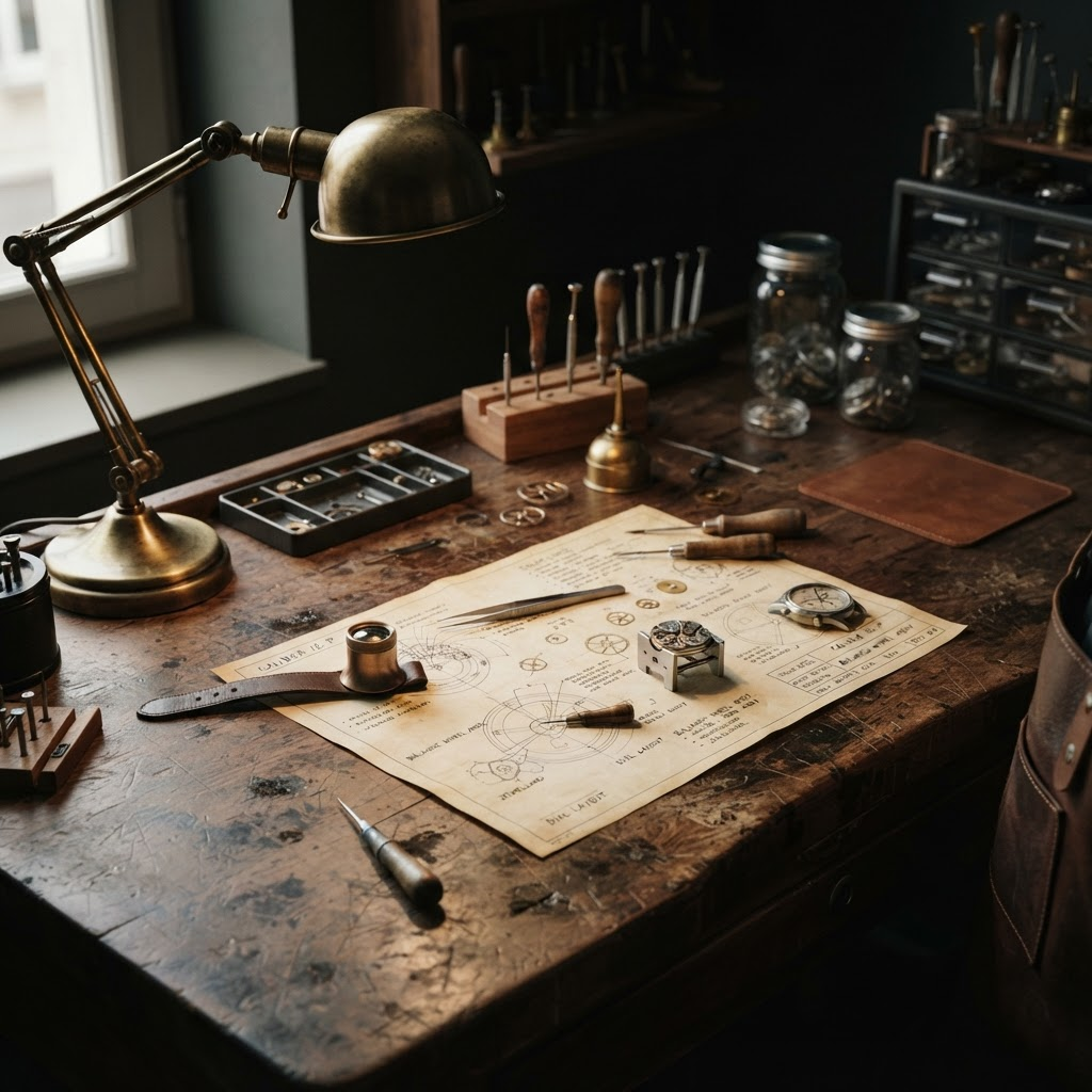 Vintage watchmaking tools and blueprints on a dark wooden workbench