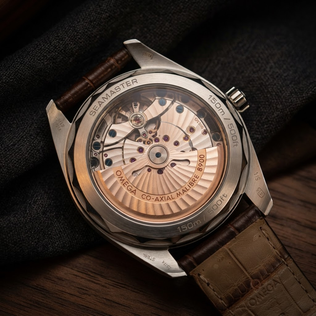 Sapphire crystal case back revealing an engraved gold rotor and movement