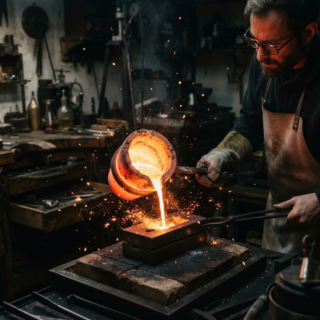 Molten gold being poured in a workshop with sparks against a dark background