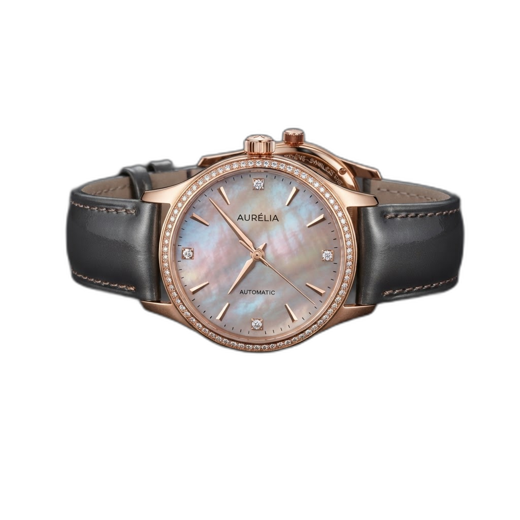 Rose gold ladies luxury watch with mother of pearl dial and diamond hour markers