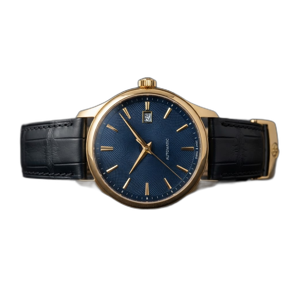 Luxury gold dress watch with deep blue guilloche dial on a dark background