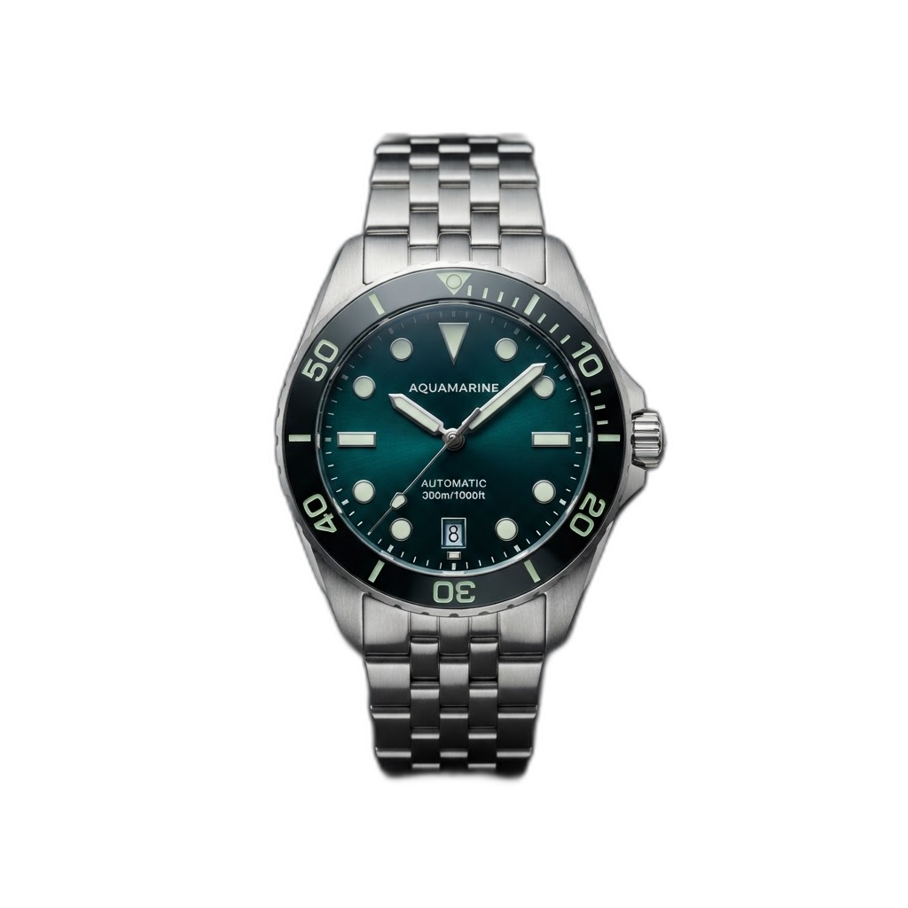 Luxury dive watch with deep teal green dial, steel case and rotating bezel