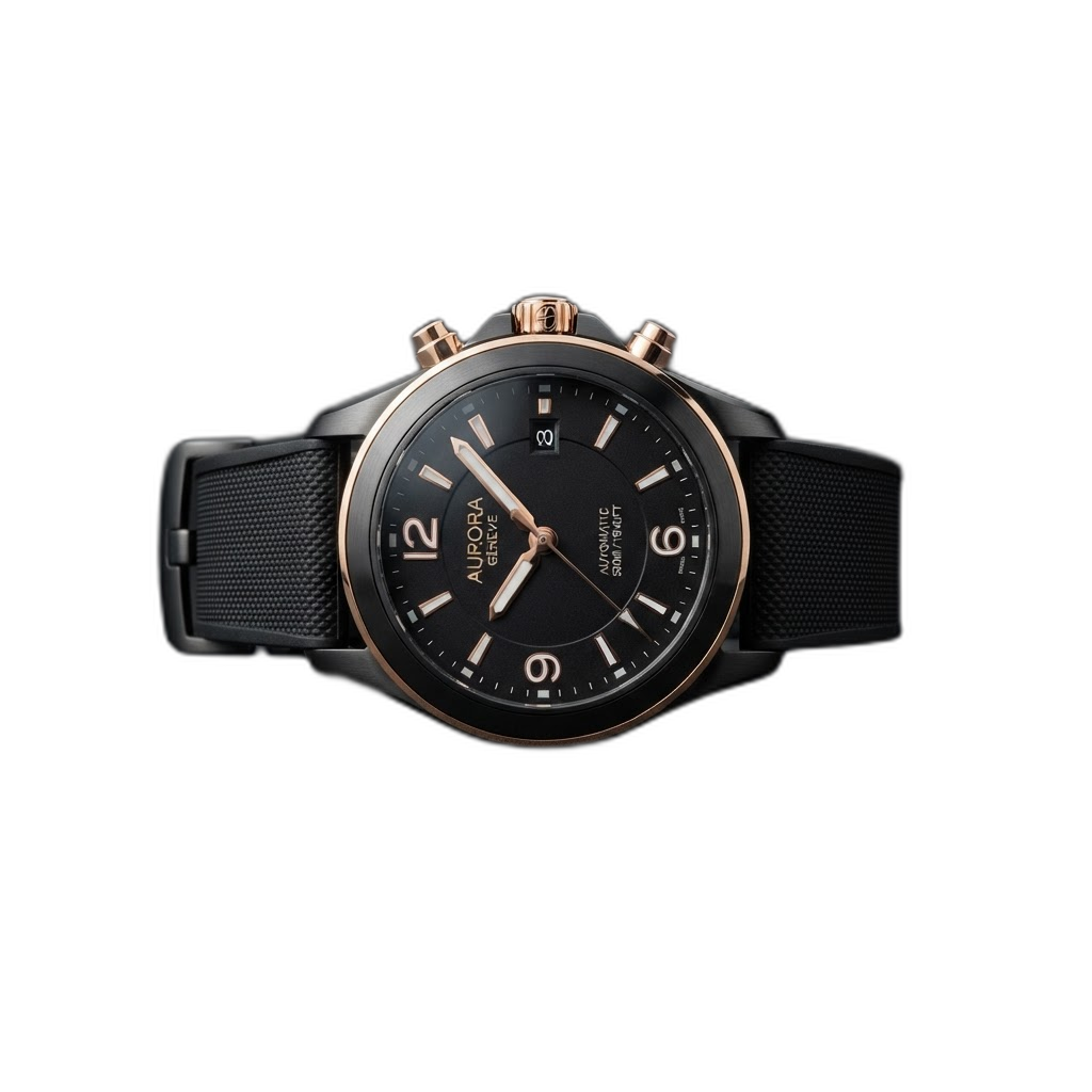 Black ceramic luxury watch with matte black dial and rose gold accents